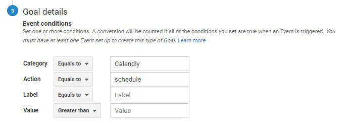 settings to map Calendly event to GA goal