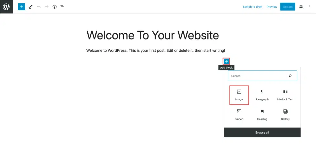 Diagram of how to Add an Image Block from the Block Menu 