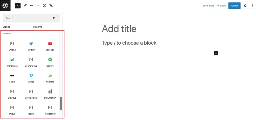 An image of Preset Embedded Block Category Options in the Block Library