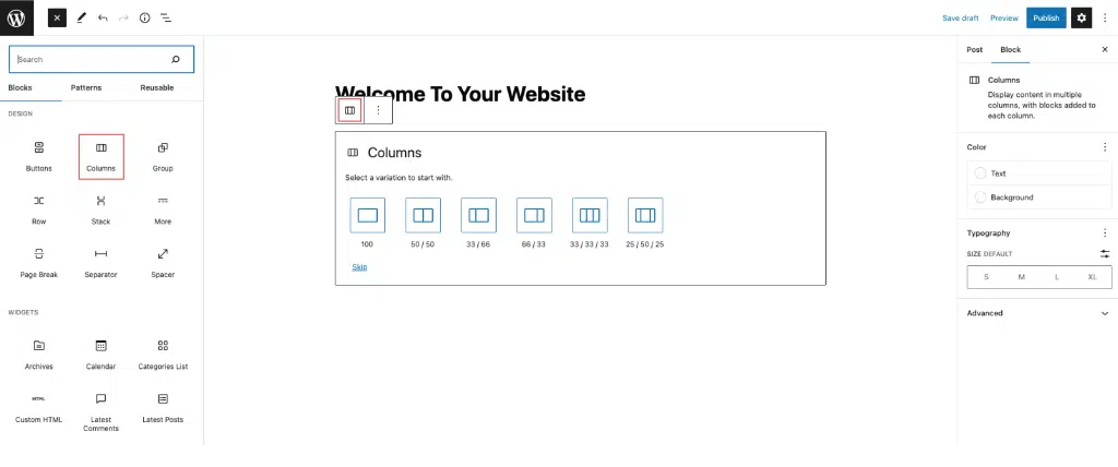 Diagram depicting Column Block Toolbar Options