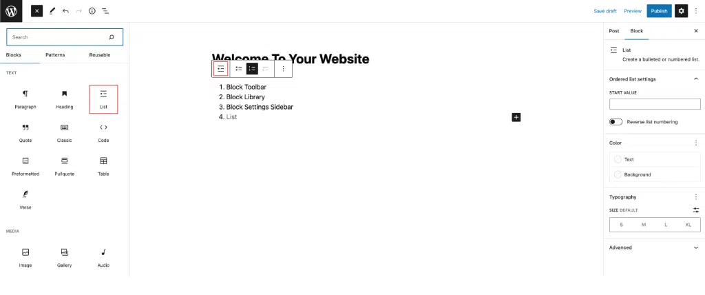 Diagram depicting List Block Toolbar Options