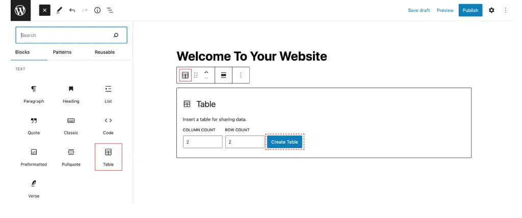 Diagram depicting the Table Block Toolbar Options and Settings