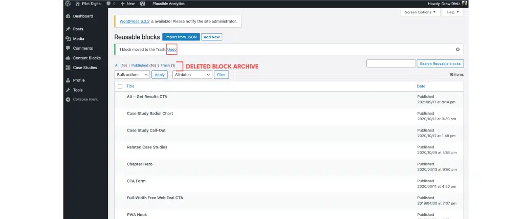 Diagram for Where to locate Deleted/Trashed/Archived Reusable Blocks