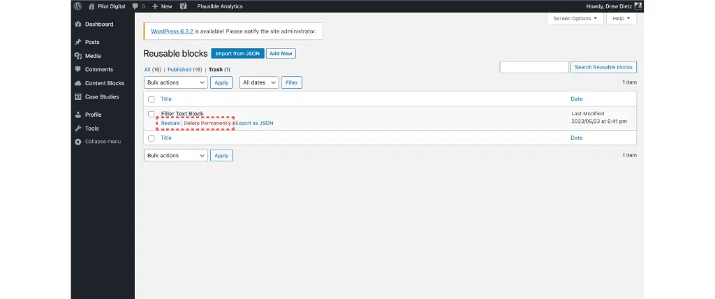 Image for how to navigate Reusable Block Library Options to Restore, Delete Permanently, or Export as JSON