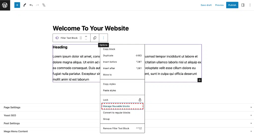 Image to show how to Access the Reusable Block Library 