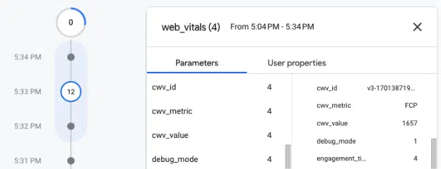 Screenshot of Debug View in GA4, showing 4 web_vitals events. The properties of one of those events are expanded on the right side, showing the custom dimensions from above.