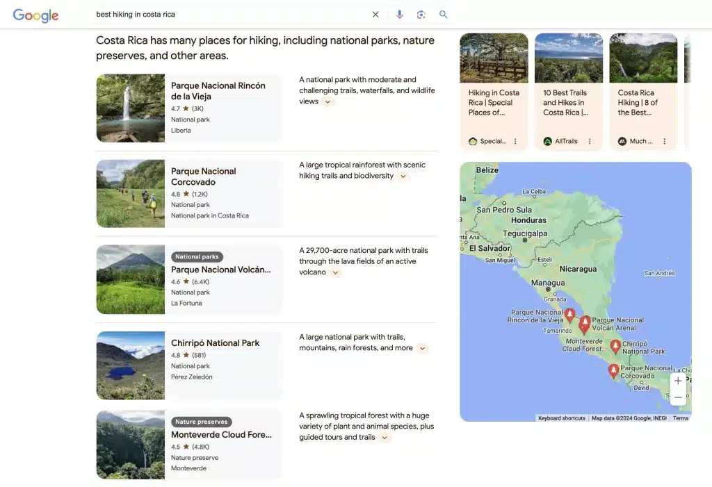 ai generated search results for 'best hiking in costa rica'