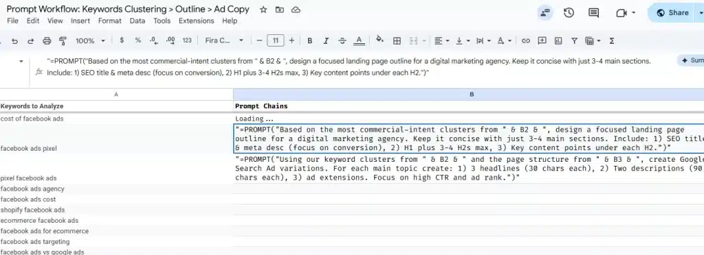 screenshot of G Sheets with data in column A and prompt chains in column B