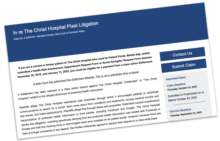 Screenshot of the website used to find claimants in The Christ Hospital Pixel Litigation.